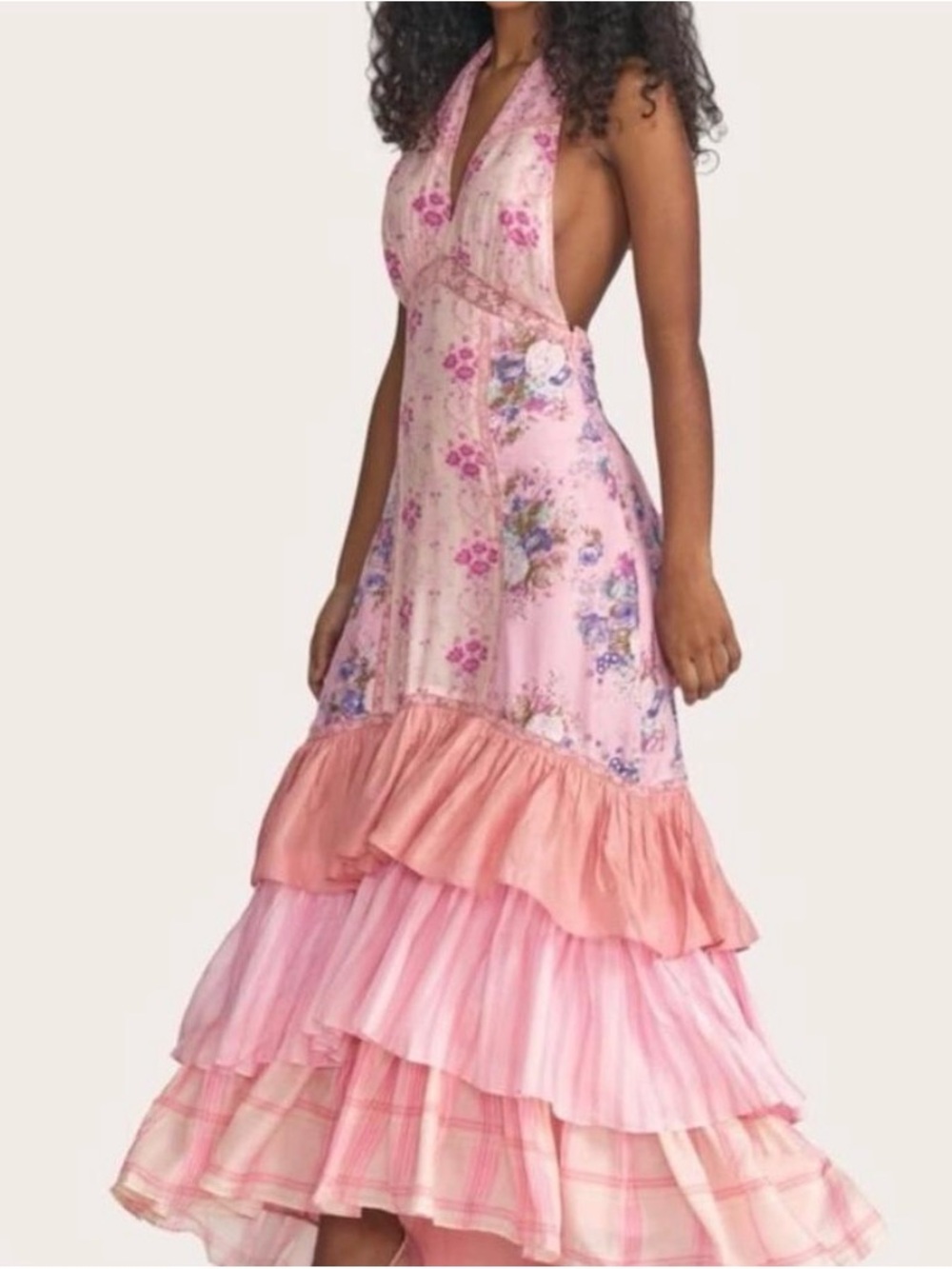 LoveShackFancy Silk Ruffle Sicilia Halter Dress in Pink Sand Floral Size 2